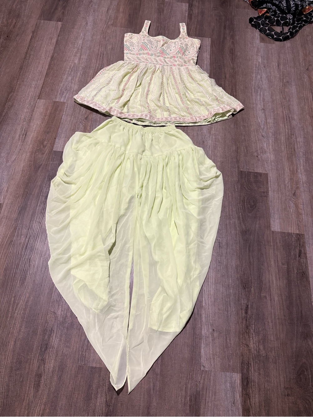 Embroidered Pale Lime Peplum Top with Draped Chiffon Skirt - ethnic Indian wear - Picture 3 of 7